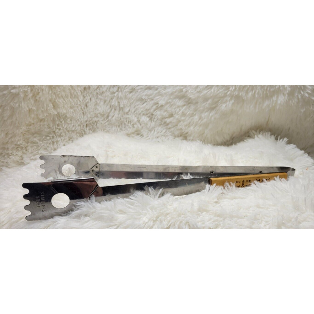 Androck Vintage Stainless Steel Wooden Engraved Handles Forked Tongs Kitchen